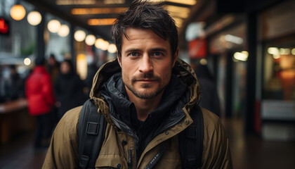 Fototapeta premium A confident young man exploring the city, smiling and walking generated by AI