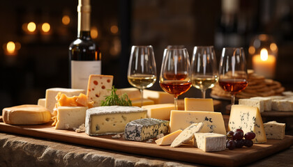 Gourmet wine and cheese on rustic wooden table generated by AI