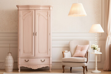 French provincial wardrobe decorating a traditional bedroom in soft pastel colors - obrazy, fototapety, plakaty