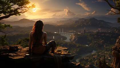 A woman sits, admiring the sunset, surrounded by nature beauty generated by AI