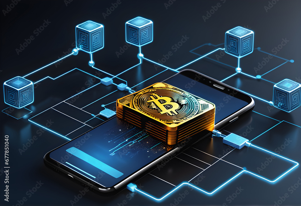 Poster blockchain integration in finance, showcasing digital wallets and secure transactions