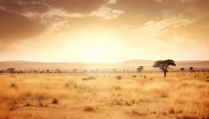 Fototapeta na wymiar Safari animals roam the African plain at sunset, wild beauty generated by AI