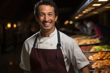 Fototapeta premium Smiling male chef in white uniform presenting a sumptuous buffet selection.