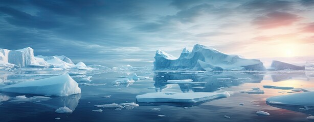 Arctic ocen with icebergs, web banner format - obrazy, fototapety, plakaty