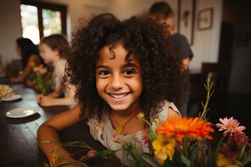 Bright-eyed girl with curly hair smiling by a table adorned with colorful flowers