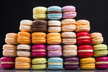 Assorted macarons stacked in a vibrant pyramid, showcasing a variety of flavors