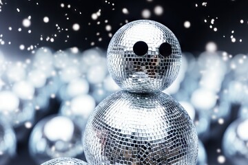 Fototapeta na wymiar Disco Ball Snowman amidst Glittering Lights