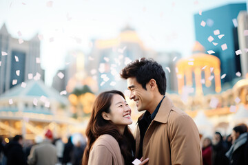 Affectionate Couple Embracing in City with Confetti