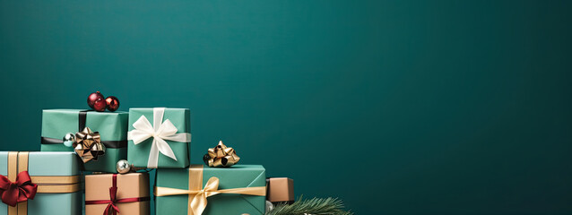 gift boxes on green background with copy space