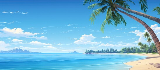 The illustration perfectly captures the tranquil beauty of a tropical beach landscape with a palm tree overlooking the shimmering blue ocean and the golden sand against the backdrop of a cl