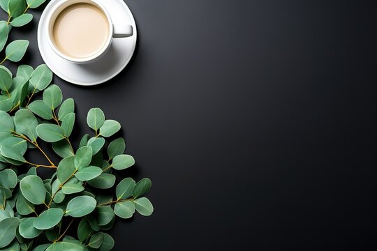 Coffee On A Eucalyptus Branch On A Black Background