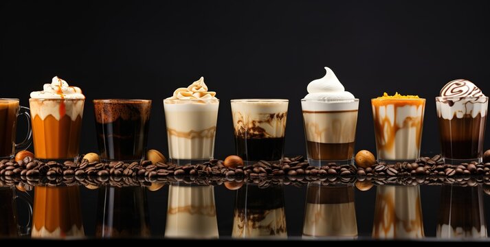 a line of different types of coffee and desserts
