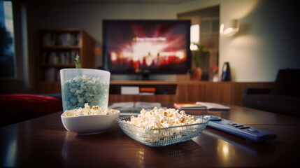 télécommande de télé et popcorn posés sur une table basse, ce soir c'est soirée cinéma à la maison - obrazy, fototapety, plakaty