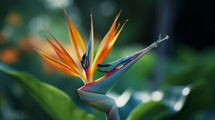 A close-up of a Bird of Paradise bud just beginning to unfurl, emphasizing the fine details and patterns within the flower
