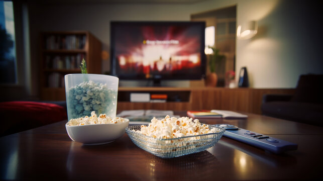 t&eacute;l&eacute;commande de t&eacute;l&eacute; et popcorn pos&eacute;s sur une table basse, ce soir c'est soir&eacute;e cin&eacute;ma &agrave; la maison
