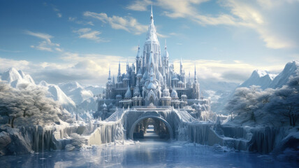  the majesty of an ice palace nestled within a snow-covered mountain range. Highlight the towering spires and intricate frost patterns.