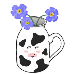 Untitled Artwork  ceramic milk mug with cow pattern. Drawing design milk glass bottle, shapes, flowers purple, symbol 