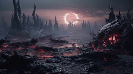 A Black Opal embedded in a surreal, alien landscape. 