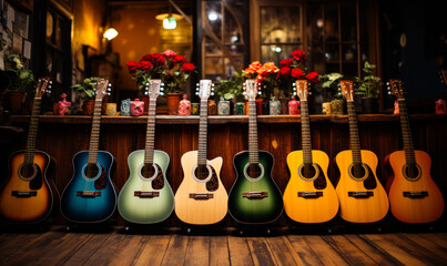A Melodic Symphony: A Serenade of Guitars on a Rustic Wooden Stage - Powered by Adobe