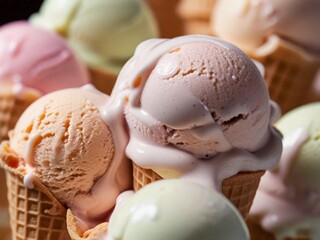 Sensitive Focus on melting ice cream in a cone cup.