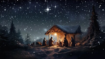 Nativity scene, Christian Christmas concept, Birth of Jesus Christ. Wooden manger with holy child in barn in dark blue night. - obrazy, fototapety, plakaty