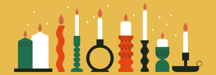 Candlestick collection. Modern house interior decor elements. Home design. Burning candles set. Vintage candle holder vector illustration. Flat trendy abstract style, isolated. Scandinavian design.  - Powered by Adobe