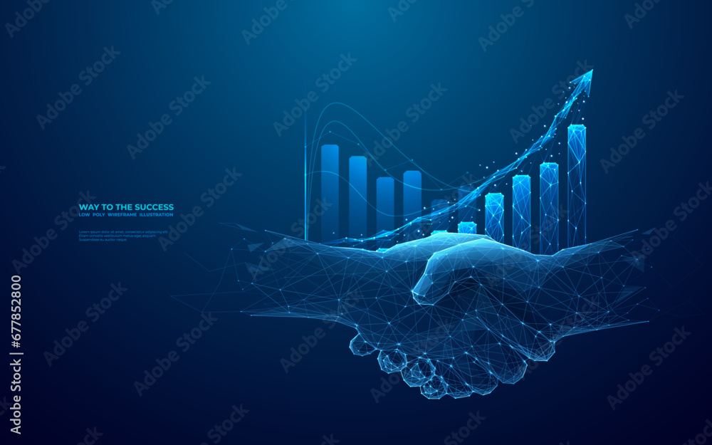 Poster chart graph with up arrow hologram and businessmen handshake on technology background. rise chart ba