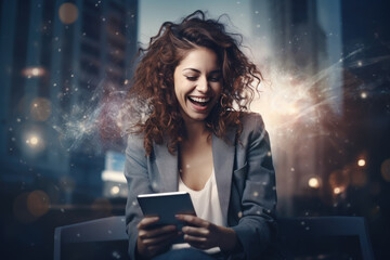 joven empresaria sentada leyendo una tablet con cara de alegría sobre fondo brillante de ciudad desenfocada - obrazy, fototapety, plakaty