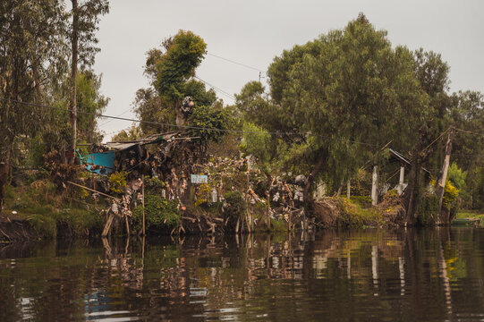 Island of the dolls in the channels of Xochimilco in Mexico City.