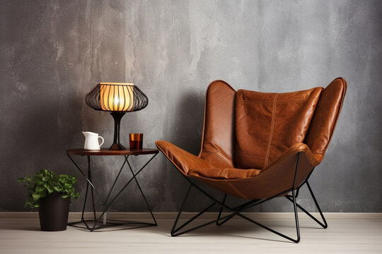 Leather sling chair in a modern living room with dark browns and neutrals
