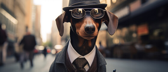 A dachshund dog wearing a suit and tie. Generative AI.