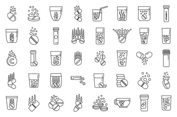 Effervescent tablets icons set outline vector. Water pill. Cup drug aspiring - obrazy, fototapety, plakaty
