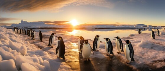 A group of penguins walking along a snow covered beach. Generative AI. - obrazy, fototapety, plakaty
