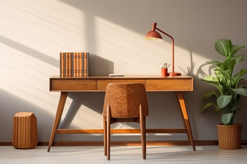 A mid-century modern desk that creates a stylish office space in warm teak tones