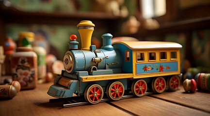 Wooden green toy train with colorful details on a wooden floor.