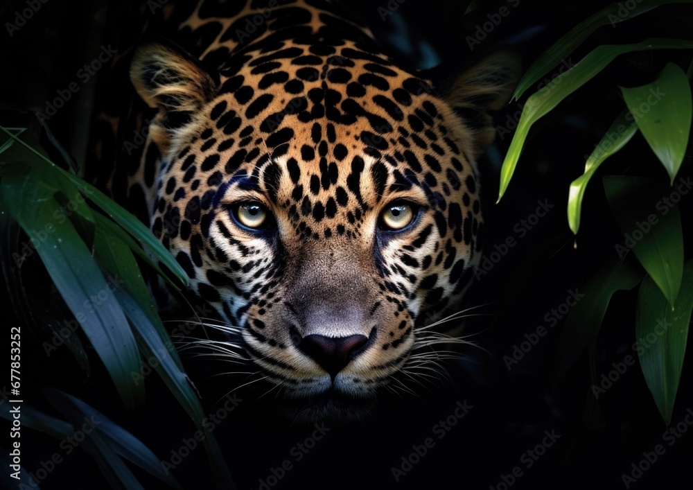 Poster a close up of a leopard's face in the dark. generative ai.