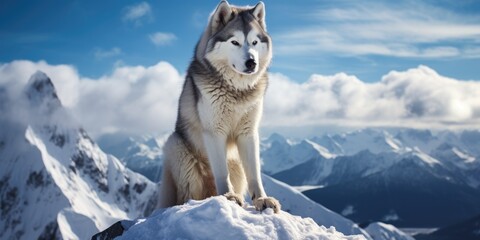 A Siberian husky dog sitting on top of a snow-covered mountain. Generative AI.