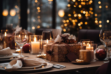 Dinner table, celebrating Christmas or New Year eve. - 677853241