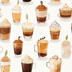 Different types of coffee pattern, latte, mocha, espresso, coffe desert, 