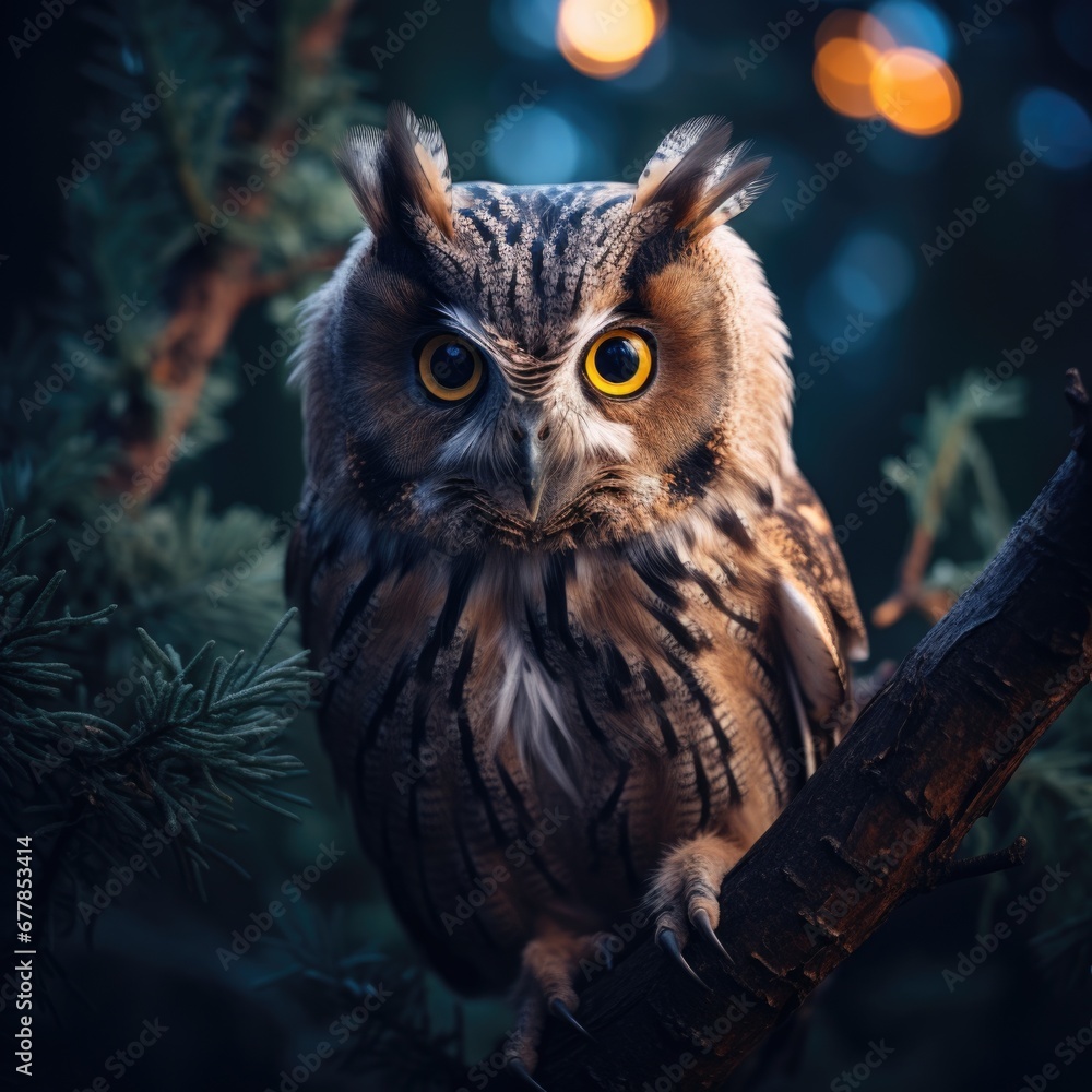 Poster a close up of an owl sitting on a tree branch. generative ai.