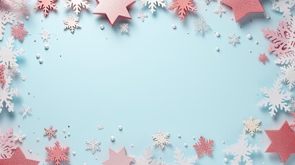 a frame using delicate snowflakes on a pastel background, capturing the essence of winter, a flat lay with a top view, ensuring there's ample copy space for additional elements.