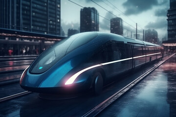 Naklejka premium Experience the future with the sleek design and high speed power of a futuristic bullet train, blending innovation and speed. Ai generated