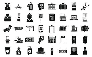Check in airport icons set simple vector. Plane airport. People counter check