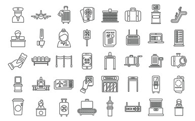 Check in airport icons set outline vector. Plane airport. People counter check