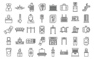Check in airport icons set outline vector. Plane airport. People counter check