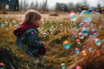 Innocence captured in a moment, a child's joy unfolds in a sunlit field as soap bubbles dance in the air. Ai generated