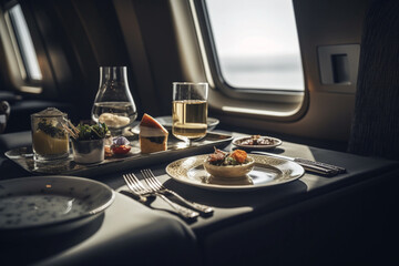  Indulge in exquisite gourmet cuisine aboard a lavish plane, a symphony of flavors with a view from the window. Ai generated - obrazy, fototapety, plakaty