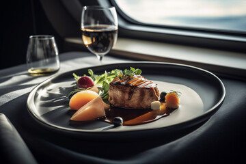  Indulge in exquisite gourmet cuisine aboard a lavish plane, a symphony of flavors with a view from...