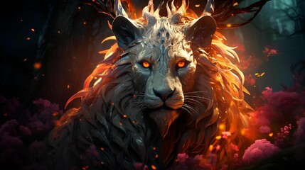 AI generated illustration of an artistic illustration of a mythical creature with a fiery gaze