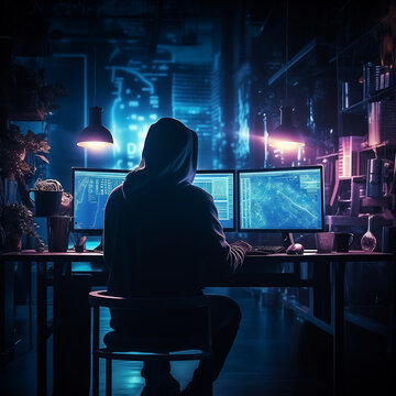 Haker przed komputerem, oszustwo internetowe. AI generative